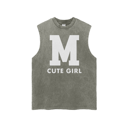 CGM Varsity Letter Snow Washed Frayed Hem Tank Top White