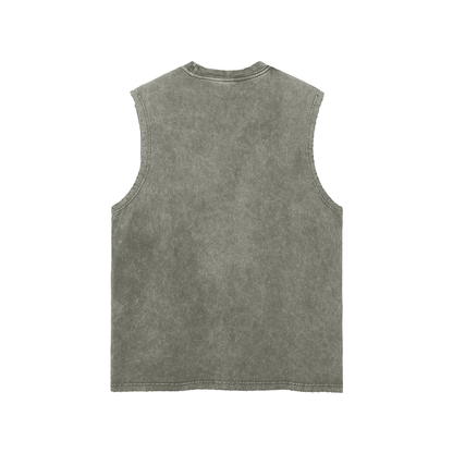 CGM Varsity Letter Snow Washed Frayed Hem Tank Top White