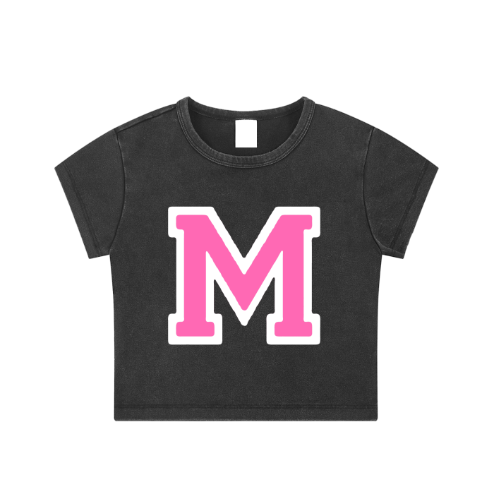 CGM M Varsity Letter Patch Snow Washed Crop Tee