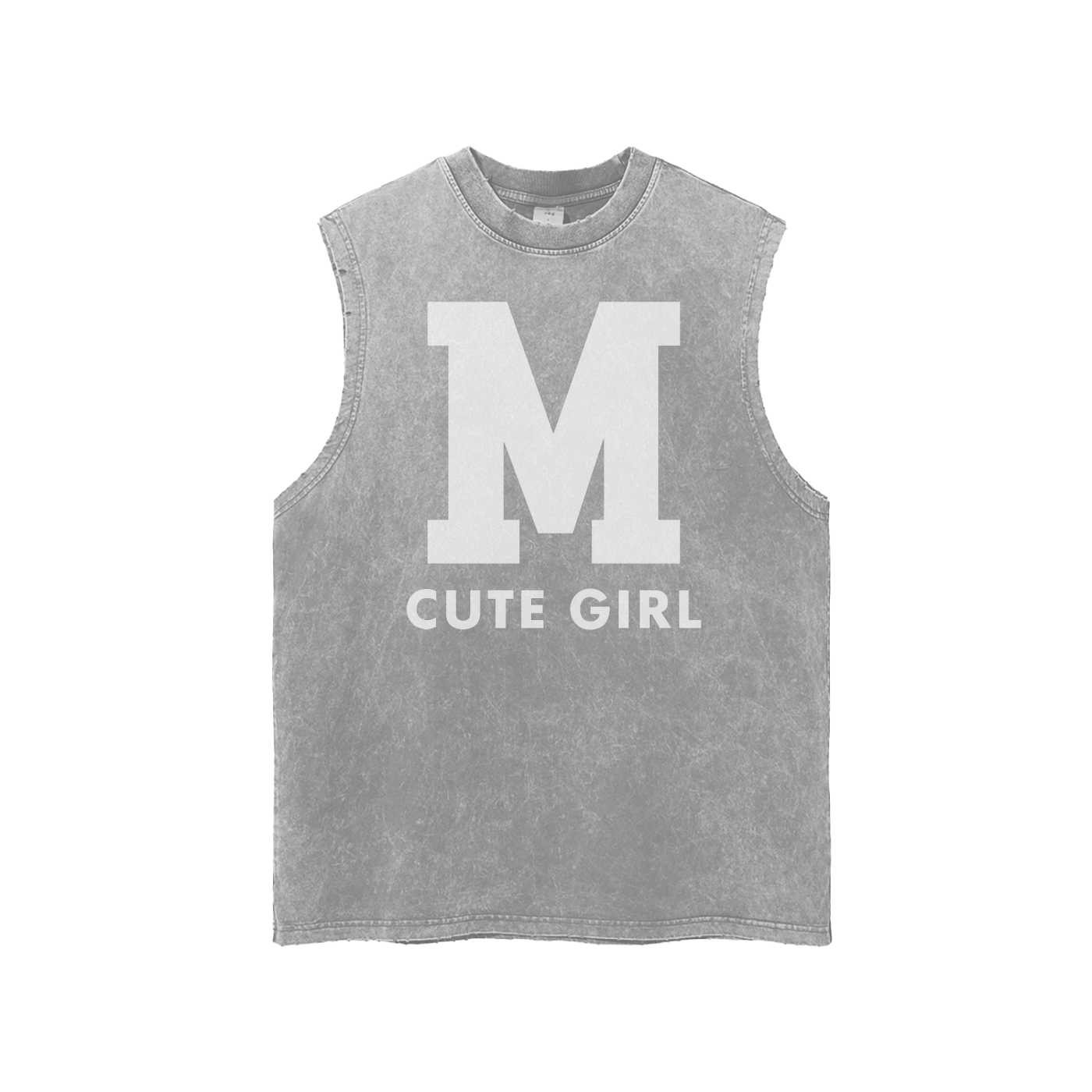 CGM Varsity Letter Snow Washed Frayed Hem Tank Top White