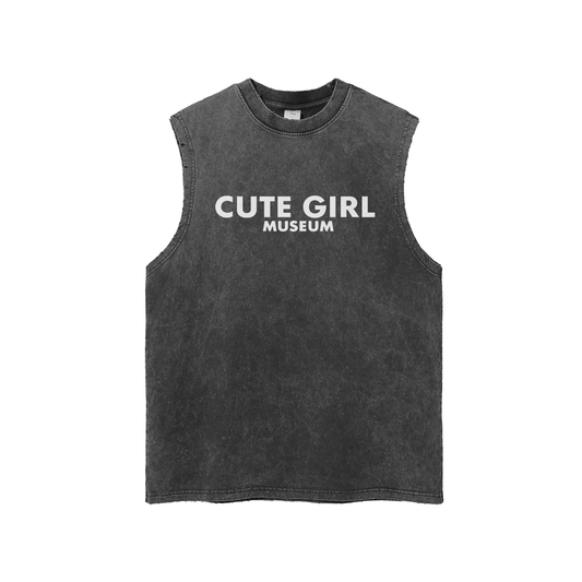 CGM Cute girl Logo Snow Washed Frayed Hem Tank Top