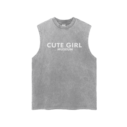 CGM Cute girl Logo Snow Washed Frayed Hem Tank Top