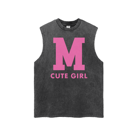 CGM Varsity Letter Snow Washed Frayed Hem Tank Top