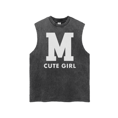 CGM Varsity Letter Snow Washed Frayed Hem Tank Top White